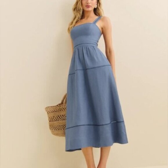NEW Reformation Everett Linen Midi Dress Cornflower Blue | US 4 UK 8 - Picture 1 of 14